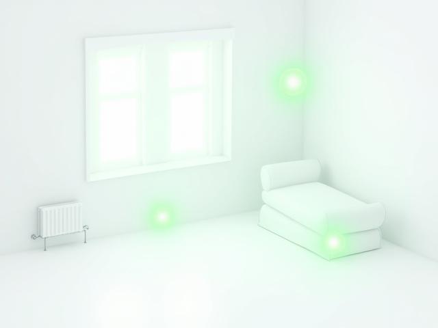 Illustration of a clean, modern room with highlighted hotspots indicating areas for deep cleaning like light fixtures, skirting boards, and behind furniture.